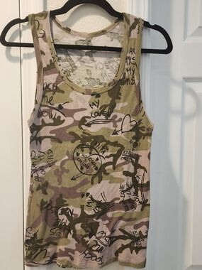 D&G Camouflage Ribbed Tank in Olive, Tan & Pink with Black Doodle Print